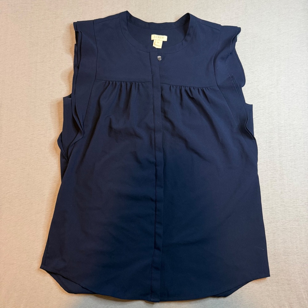 J.Crew Navy‎ Blue Ruffle Sleeve Sleeveless Button Down Blouse Top Size 00 classy